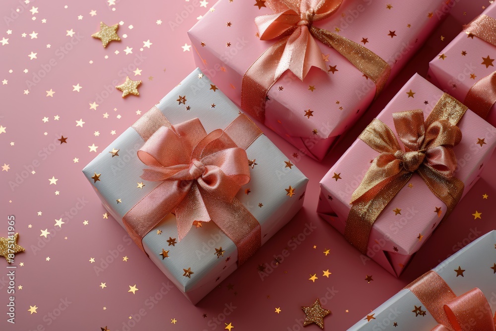 Festive gift boxes adorned with bows and star decorations, set against a pink background with twinkling lights. Festive gift boxes adorned with bows and star decorations, set against a pink background with twinkling lights.