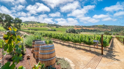 A picturesque winery tour in a scenic vineyard with rows of grapevines and wine barrels, Wine tasting tour style