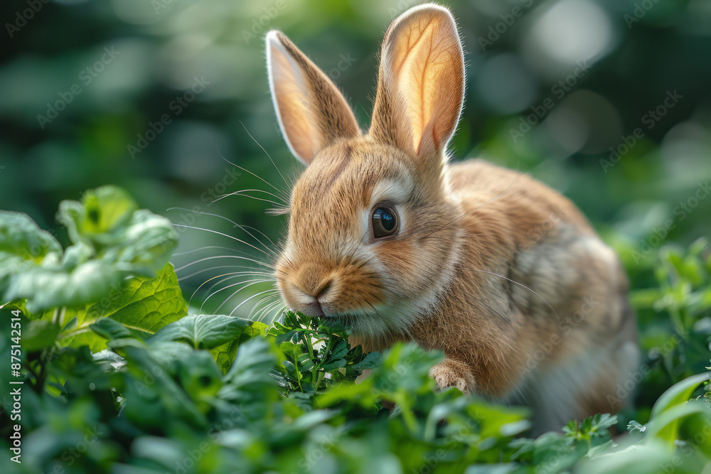 A bunny delighting in a handful of fresh herbs, A bunny delighting in a handful of fresh herbs,