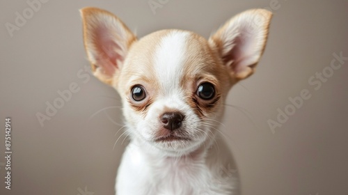 A small, brown chihuahua with large, dark eyes looks intently at the camera. The dog's ears are perked up, and its expression is curious and alert. © Екатерина Чумаченко