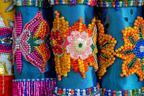 A close-up illustration of intricately beaded waistbands, traditionally worn during the Pahiyas Festival in the Philippines.