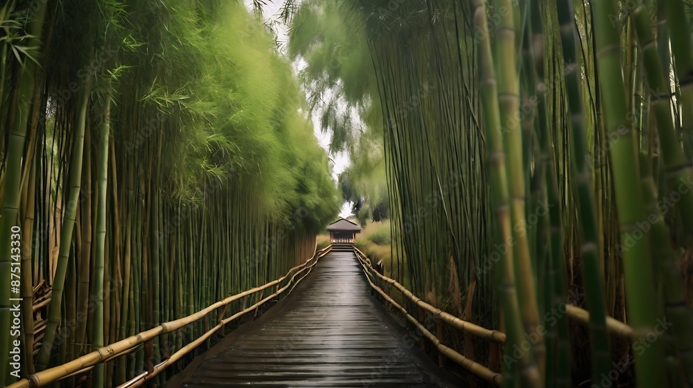Obraz premium person walking through the bamboo forest