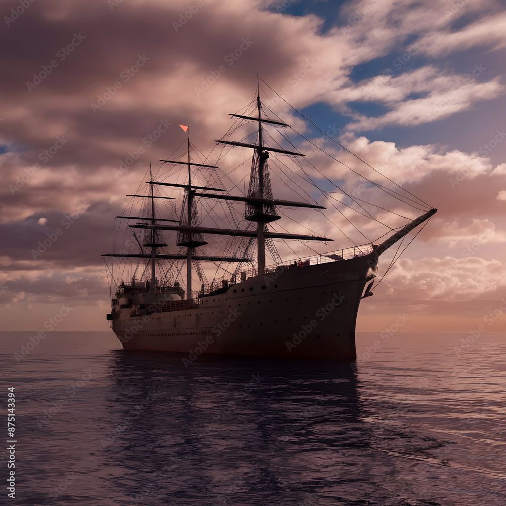 Beautiful detailed pirate ship sailing on the sea with sky Beautiful detailed pirate ship sailing on the sea with sky