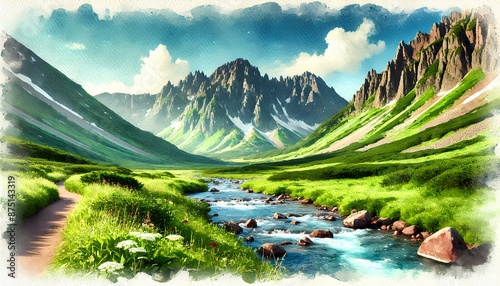 Watercolor of Daisetsuzan National Park, Japan: towering mountains, alpine meadows, clear rivers, vibrant colors. photo