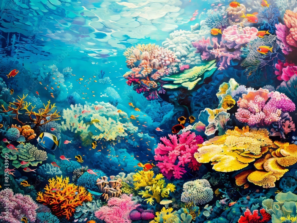 Naklejka premium Colorful Coral Reef TeemingMarine Life in Vibrant Underwater Ecosystem