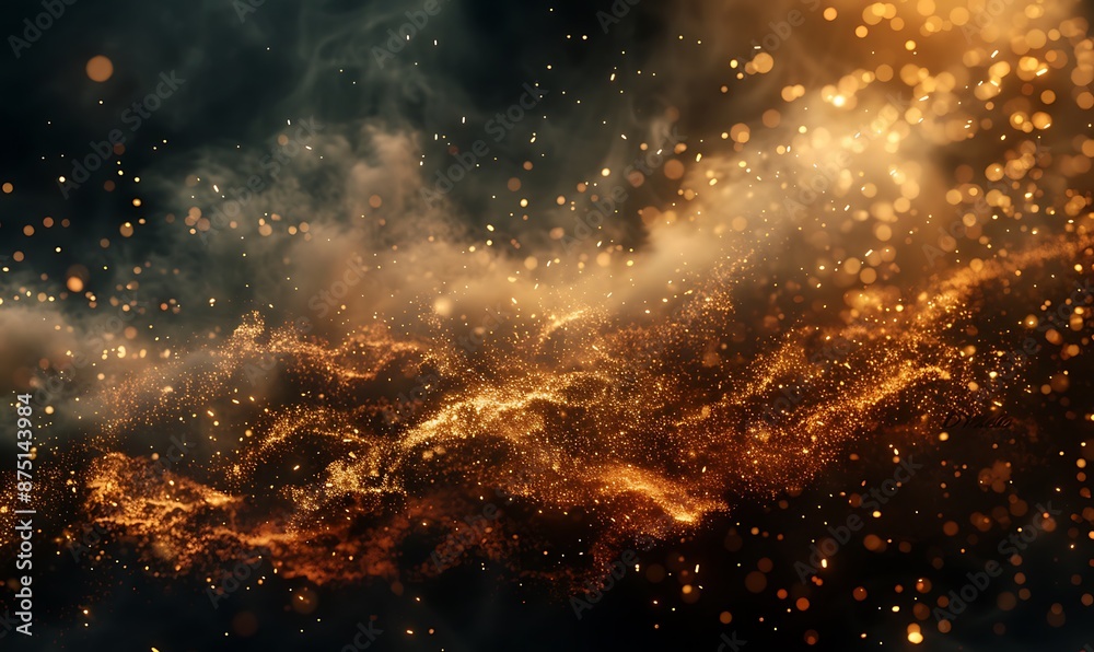 Impact of fire particle sparks with dust results in a dynamic swirl of powder on a smoky black background.. Impact of fire particle sparks with dust results in a dynamic swirl of powder on a smoky black background..