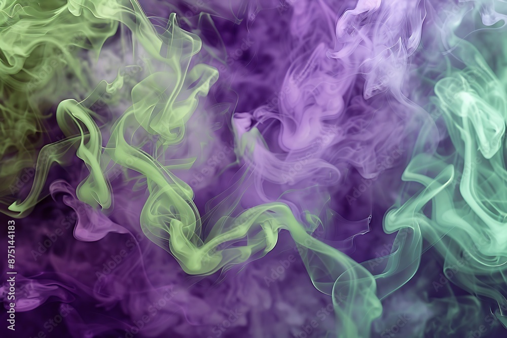 Fototapeta premium Swirling purple and green smoke streams combine, generating a vibrant, dusty abstract scene..