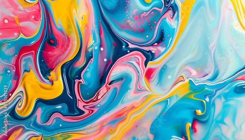 Abstract background with colorful liquid paint swirls, forming unique patterns with shades of blue, yellow, pink, and red.