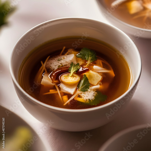 Mix of vegetables soup in a white bowl on the table 