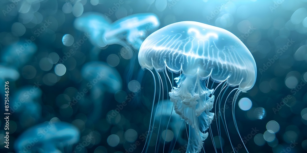 Captivating wide-angle photograph of luminescent jellyfish in enigmatic marine environment. Concept Underwater Photography, Marine Life, Jellyfish, Ambient Light, Wide-angle Shot Captivating wide-angle photograph of luminescent jellyfish in enigmatic marine environment. Concept Underwater Photography, Marine Life, Jellyfish, Ambient Light, Wide-angle Shot