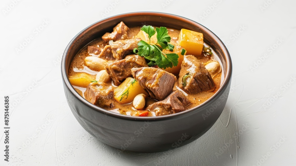An aromatic watercolor scene of massaman curry An aromatic watercolor scene of massaman curry