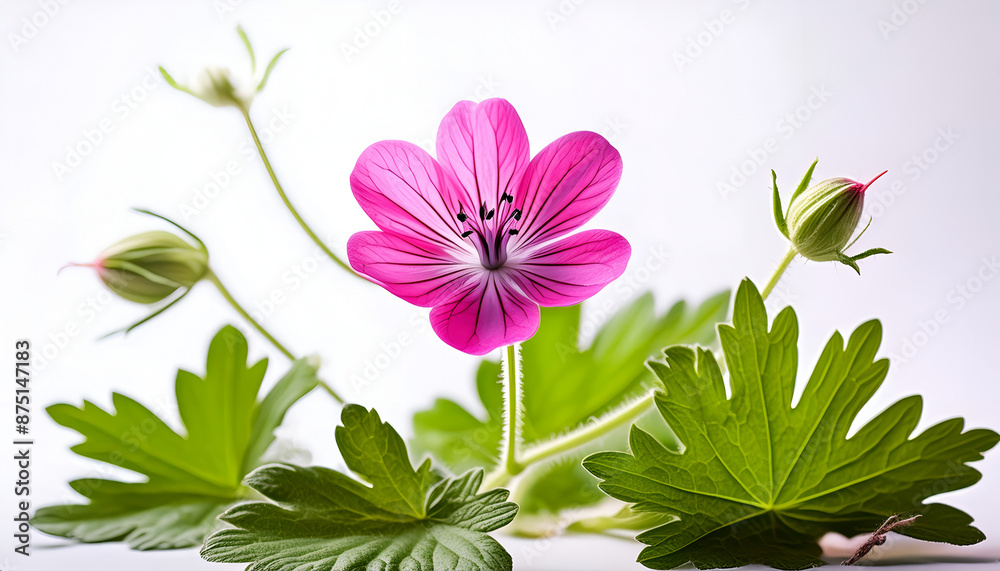 Obraz premium Pink Geranium Flower in Bloom With Green Leaves