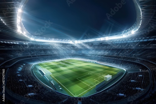 An innovative soccer stadium design includes enchanted features like floating spectator platforms and mystical energy shields that protect players from injuries photo