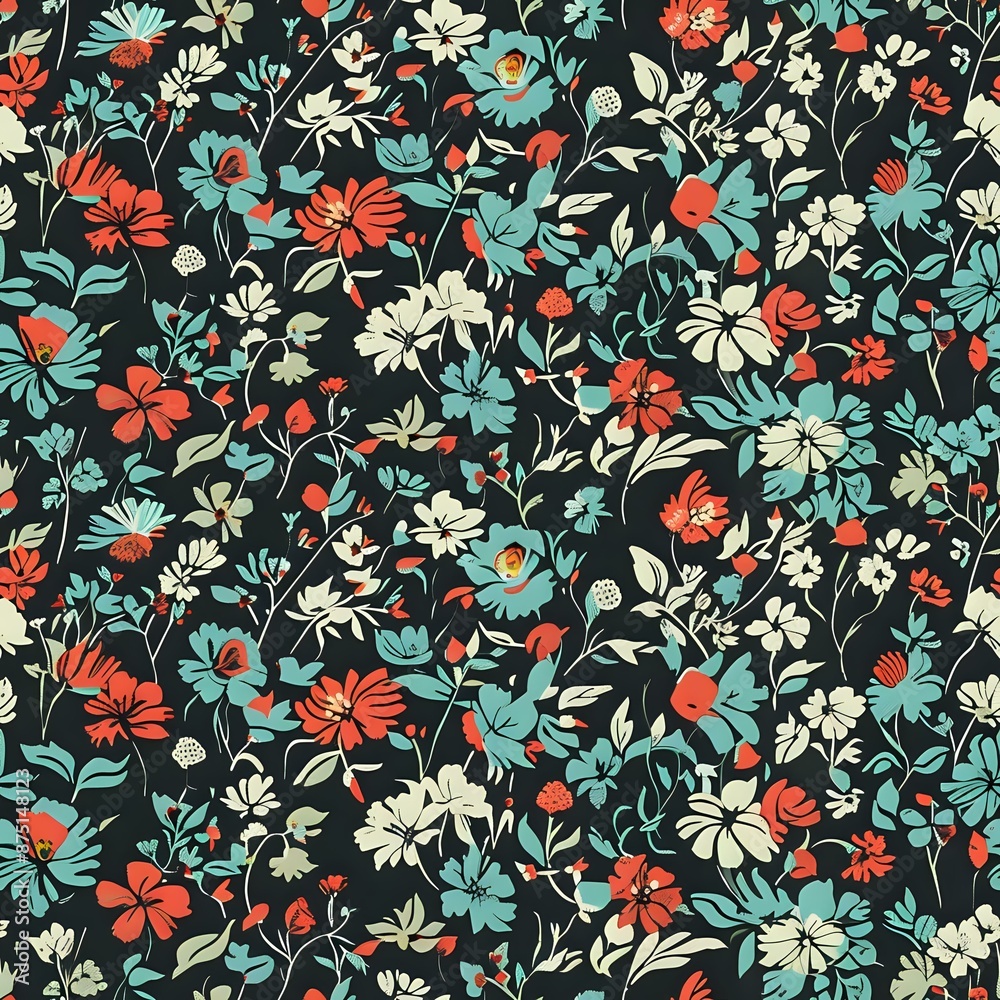 Balanced and harmonious seamless pattern of hand-drawn flowers and leaves Balanced and harmonious seamless pattern of hand-drawn flowers and leaves