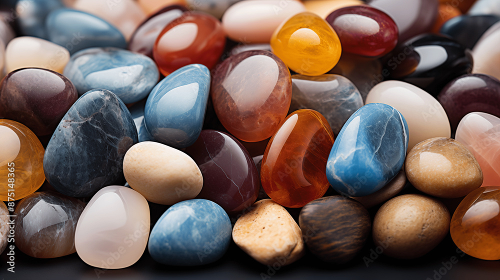 Gros plan, zoom sur des cailloux, galets de couleurs différentes ...