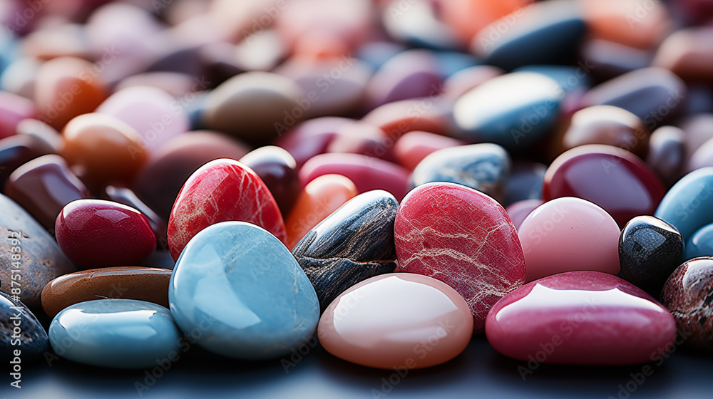 Gros plan, zoom sur des cailloux, galets de couleurs différentes ...