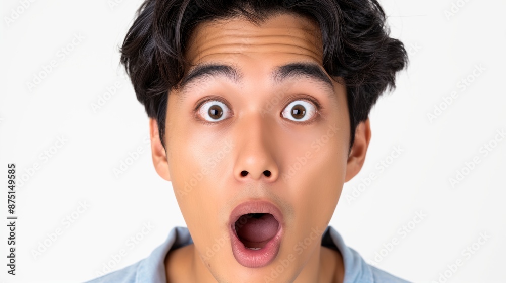 A man with a surprised expression on his face. He is wearing a blue shirt. Concept of shock or surprise A man with a surprised expression on his face. He is wearing a blue shirt. Concept of shock or surprise
