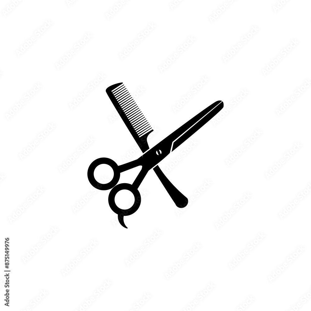 Scissors and hairbrush graphic icon. Sign of crossed scissors and hair brush isolated on white background. Barbershop symbol. Modern vector illustration.