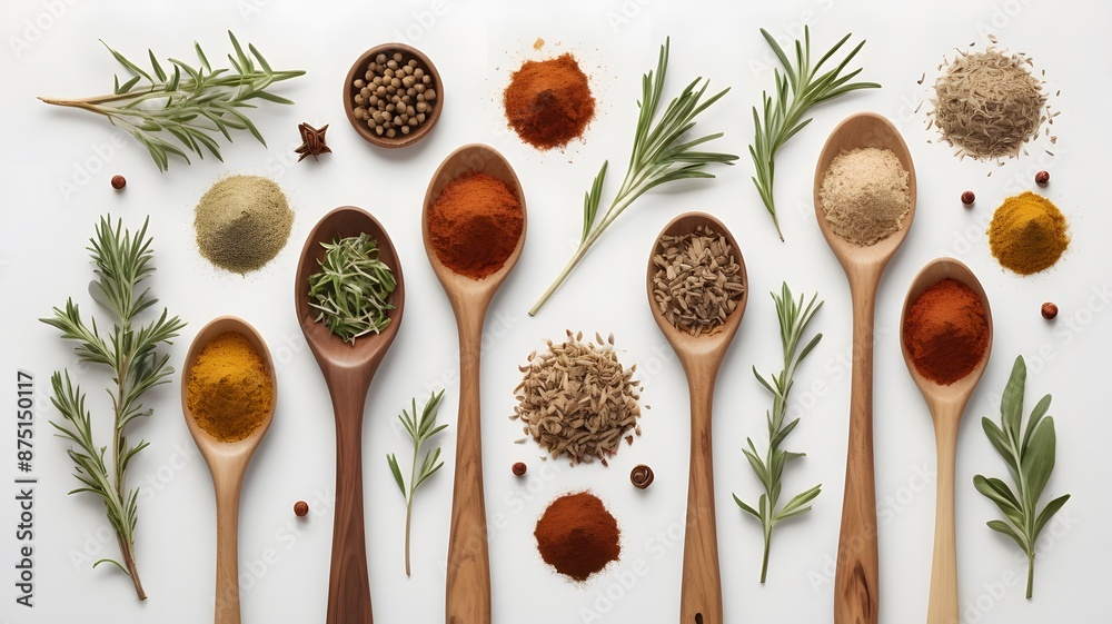 Wooden spoons hold colorful dry spices and herbs, ready to add flavor and aroma to any dish Wooden spoons hold colorful dry spices and herbs, ready to add flavor and aroma to any dish