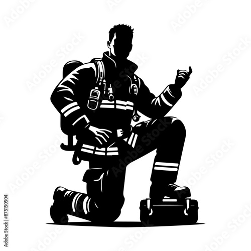 Firefighters pose silhouette, Fireman with equipment silhouette illustration