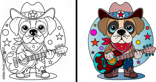 Cute dog dressed as a cowboy with a guitar. Coloring page. Vector illustration.