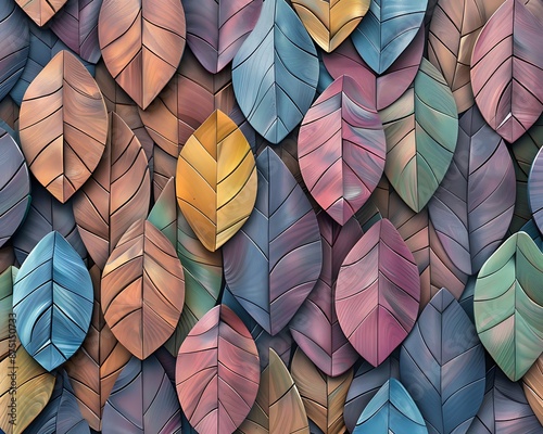 Abstract background with leaf-shaped wooden wall panels in a variety of colors and shades, featuring natural elements. photo