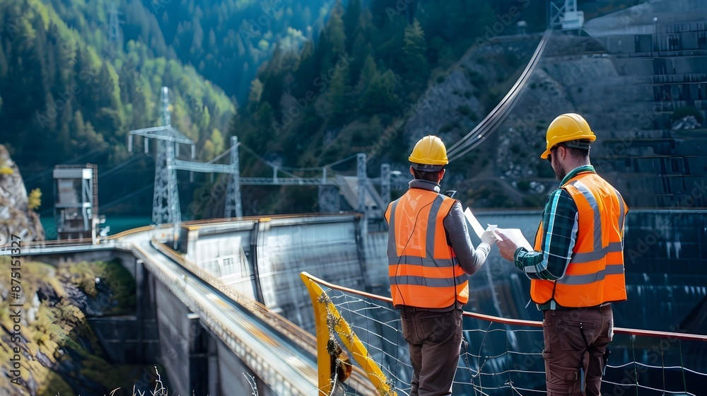 Engineers Conducting Safety Inspection on Hydroelectric Dam Structure for Structural Integrity Engineers Conducting Safety Inspection on Hydroelectric Dam Structure for Structural Integrity