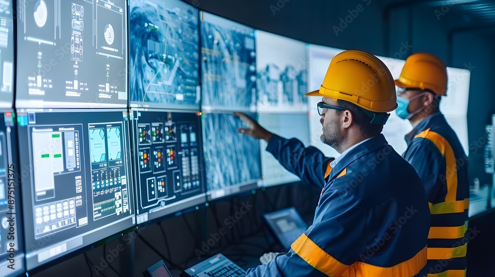 Engineers Monitoring Control Panels in Hydroelectric Dam Facility for Efficient Power Engineers Monitoring Control Panels in Hydroelectric Dam Facility for Efficient Power