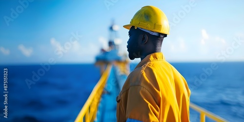 A male petroleum engineer in coveralls on a large offshore oil rig. Concept Oil Rig Engineer, Offshore Work, Coveralls, Petroleum Engineer, Male Portrait