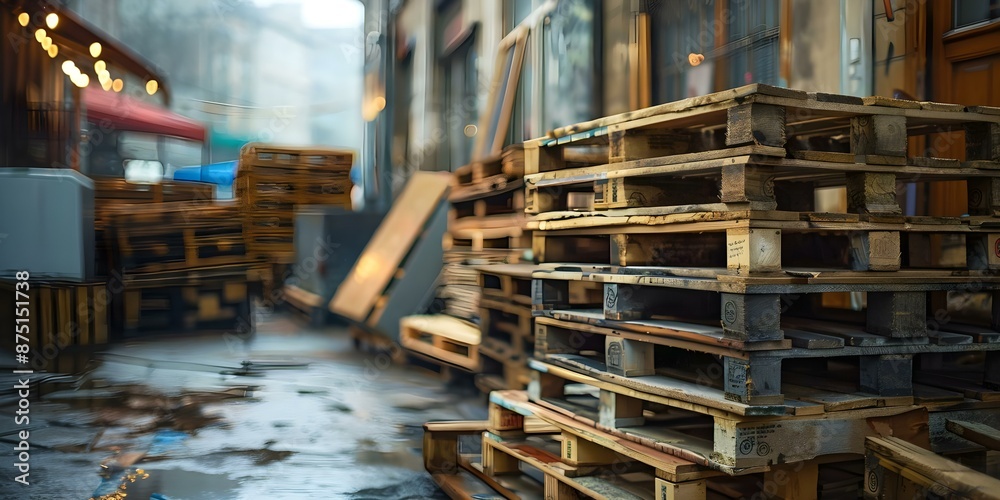 Old pallets and basic boxes for sale outside shop. Concept Outdoor Furniture, Upcycled Materials, DIY Projects, Home Decor, Creative Design Old pallets and basic boxes for sale outside shop. Concept Outdoor Furniture, Upcycled Materials, DIY Projects, Home Decor, Creative Design