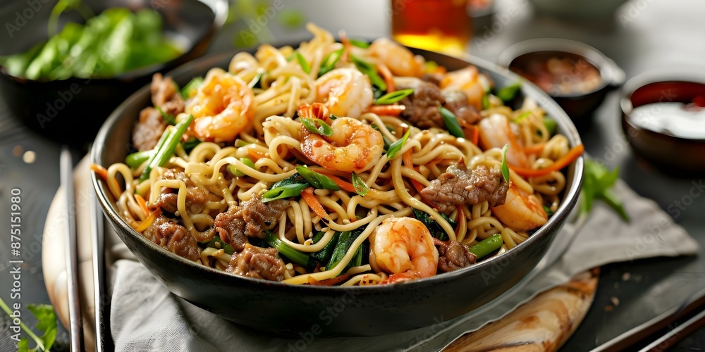 Chinese Lo Mein Recipe A Delicious Stir-Fry Dish with Egg Noodles, Vegetables, and Choice of Meat or Seafood. Concept Chinese cuisine, Stir-fry cooking, Noodle recipes, Asian flavors Chinese Lo Mein Recipe A Delicious Stir-Fry Dish with Egg Noodles, Vegetables, and Choice of Meat or Seafood. Concept Chinese cuisine, Stir-fry cooking, Noodle recipes, Asian flavors