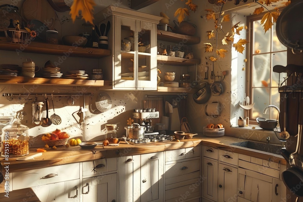 Cozy rustic kitchen with wooden cabinets and autumn decorations, bathed in warm sunlight. Perfect for home and lifestyle themes. Cozy rustic kitchen with wooden cabinets and autumn decorations, bathed in warm sunlight. Perfect for home and lifestyle themes.