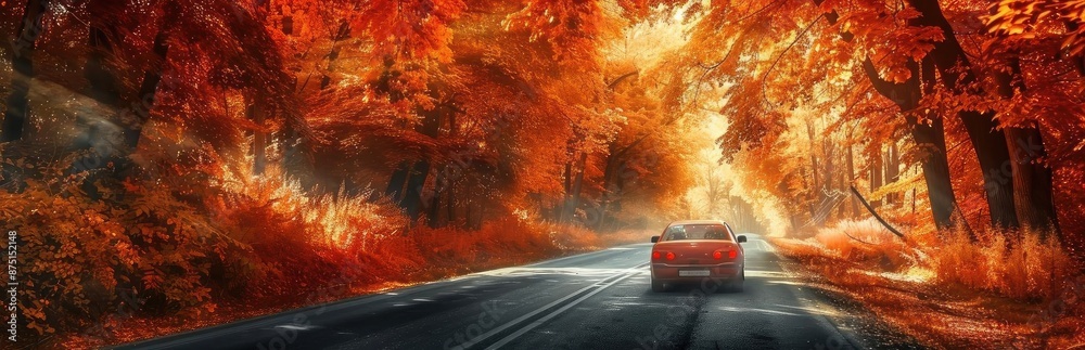 Red car driving on road through vibrant autumn forest with sunlight ...