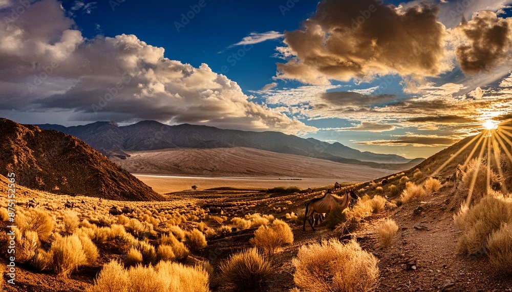 cracked earth in the desert, landscape with a camel, herd of horses on ...