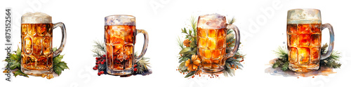 Collection of Mug of beer with christma watercolor isolated on the transparent background