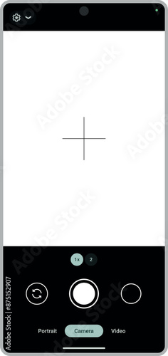 Camera interface in phone screen. Photo, video ui in cellphone. App for record from mobile cam. Viewfinder, grid, focus, button and rec. Smartphone mockup for photography, selfie and video. Vector