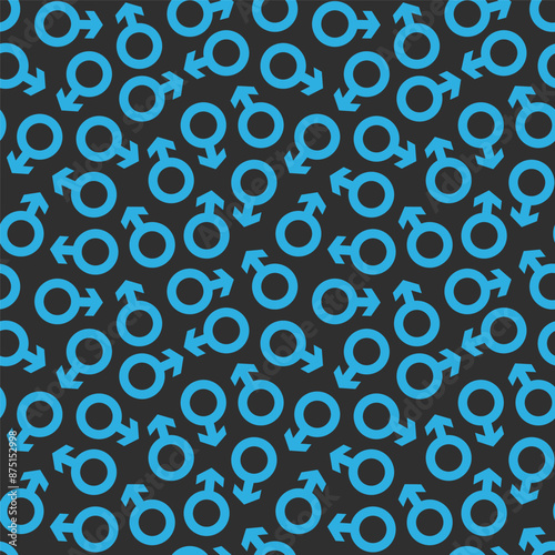 seamless repeating pattern of the male symbol in blue on a black background