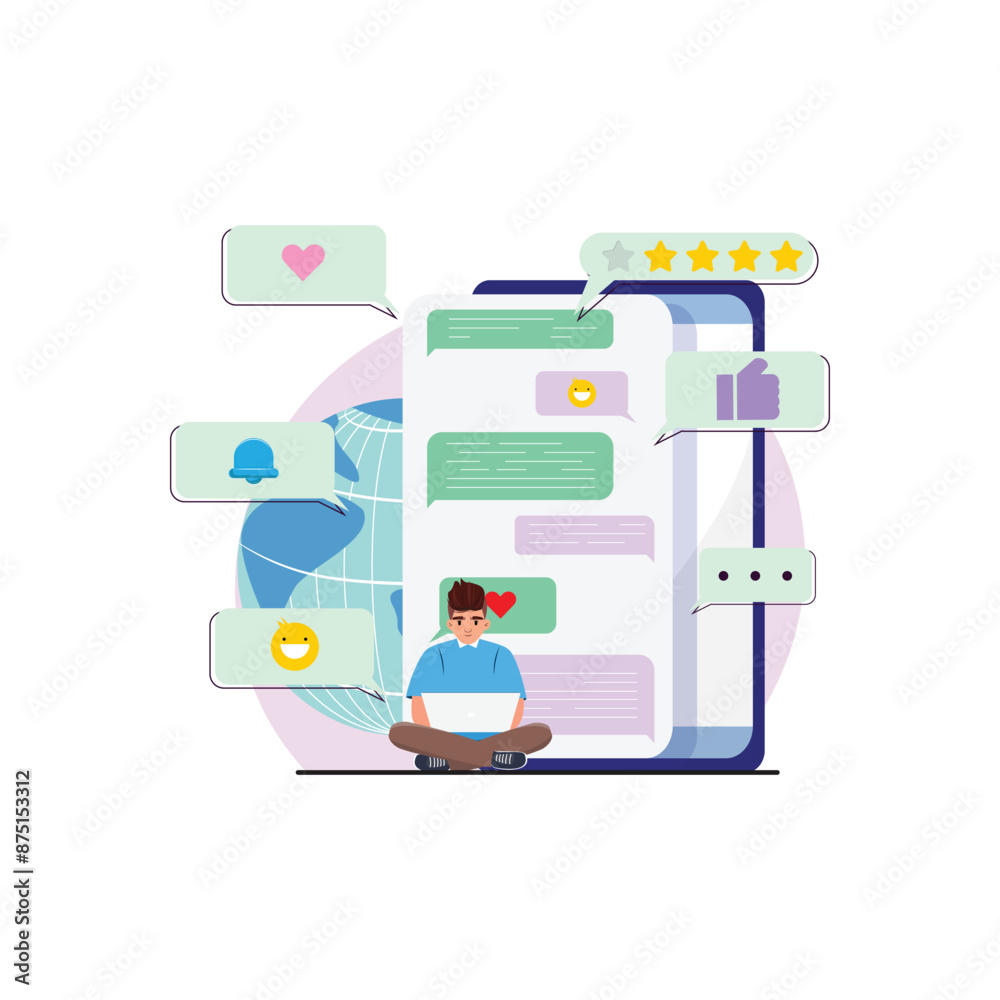 Young man working on a laptop, enveloped by oversized mobile screens filled with messaging app interfaces. Young man working on a laptop, enveloped by oversized mobile screens filled with messaging app interfaces.