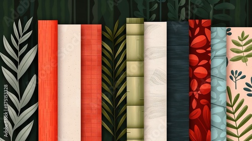 Artistic illustration of eco-friendly packaging materials like bamboo and organic fibers. Illustration, Image, , Minimalism,