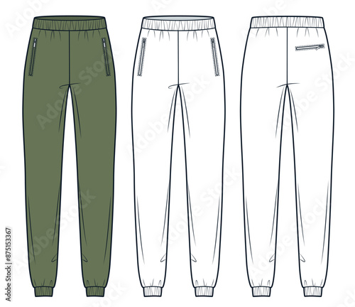 Jogger Pants fashion flat technical drawing template. Sweat Pants technical fashion Illustration, zip pockets, elastic waistband, front, back view, white, khaki green, women, men, unisex CAD mockup.
