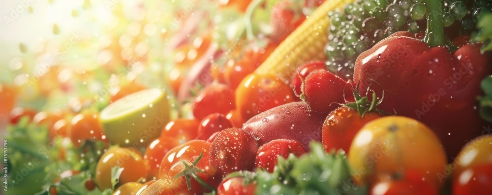 Photorealistic closeup of fresh fruits and vegetables, vibrant colors, natural light, highdetail clarity, ample copy space Photorealistic closeup of fresh fruits and vegetables, vibrant colors, natural light, highdetail clarity, ample copy space