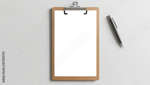 A clipboard with a blank sheet of paper and a pen on a white background. 