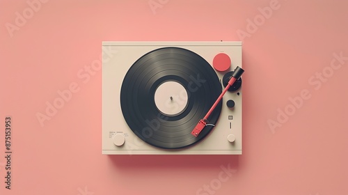 Minimalist Vinyl Turntable with Record on Pale Background,3D Flat Lay Composition