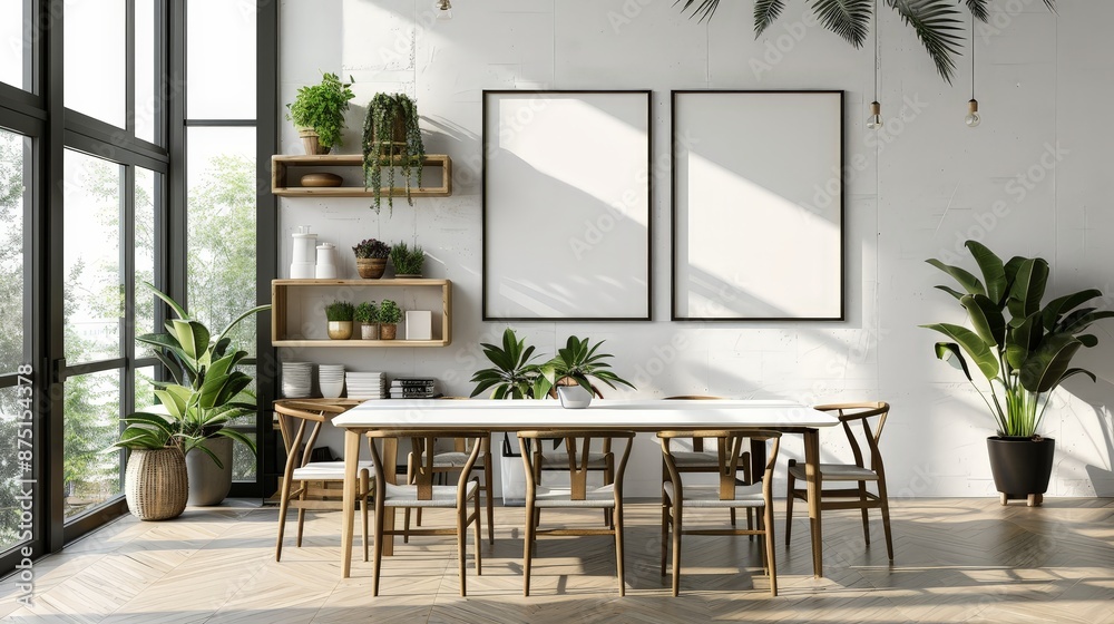 Elegant kitchen interior with eating table and chairs, shelf and mockup frame Elegant kitchen interior with eating table and chairs, shelf and mockup frame