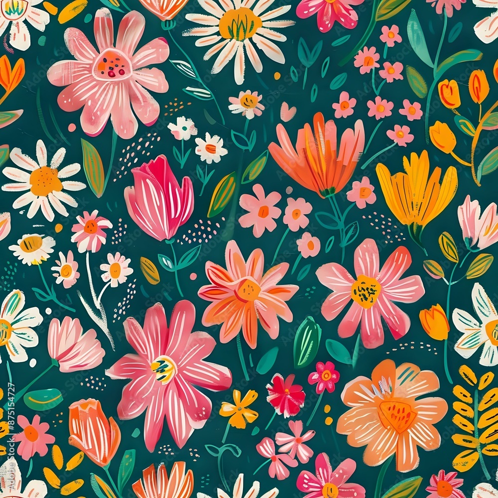 Repeating pattern of hand-painted flowers in a loose and painterly style