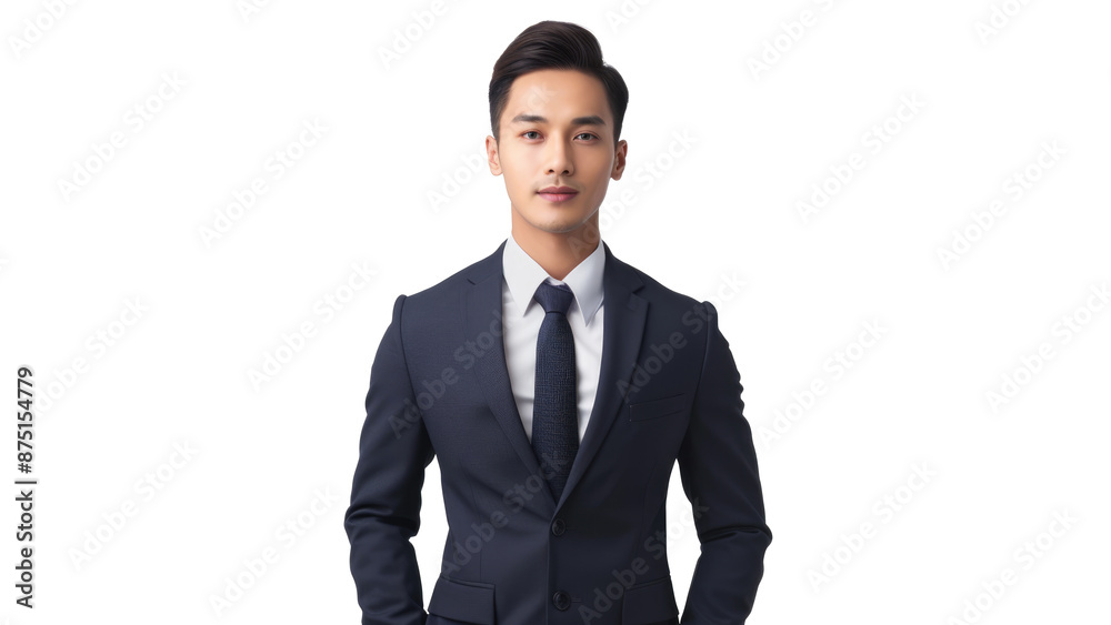 A young man in a navy blue suit and tie, standing confidently. A young man in a navy blue suit and tie, standing confidently.
