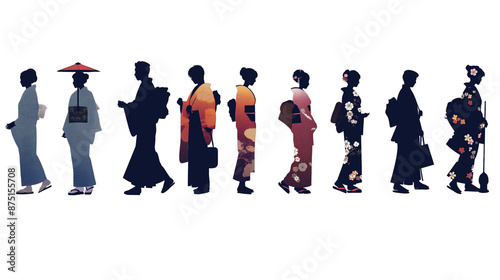 和服を着たいろいろな人のシルエット