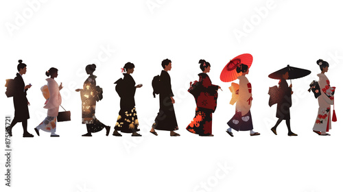 和服を着たいろいろな人のシルエット