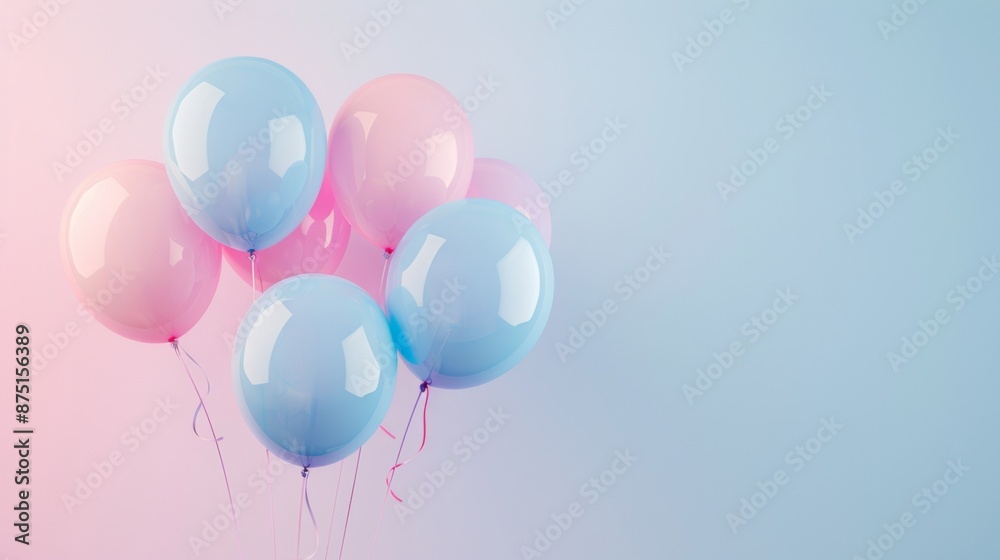 Light blue and pink gradients host pastel balloons, floating as a backdrop ideal for children’s celebrations. Light blue and pink gradients host pastel balloons, floating as a backdrop ideal for children’s celebrations.