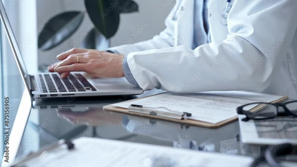 Doctor man is using laptop computer in clinic office while sitting at the glass desk. Medicine concept Doctor man is using laptop computer in clinic office while sitting at the glass desk. Medicine concept